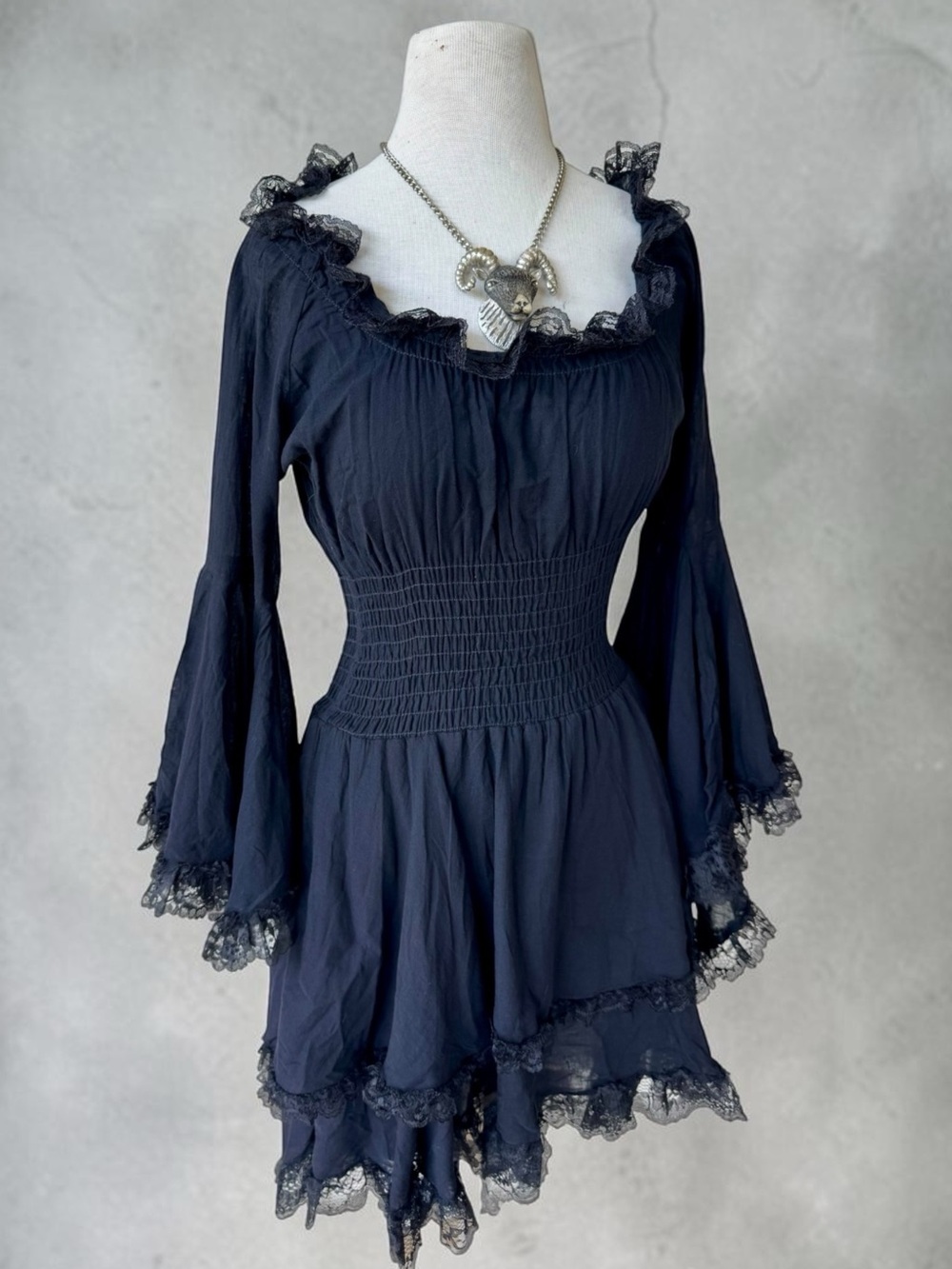 Pyramid Collection Black Asymmetrical Dress Sz S Bell Sleeve Goth Witch Vamp